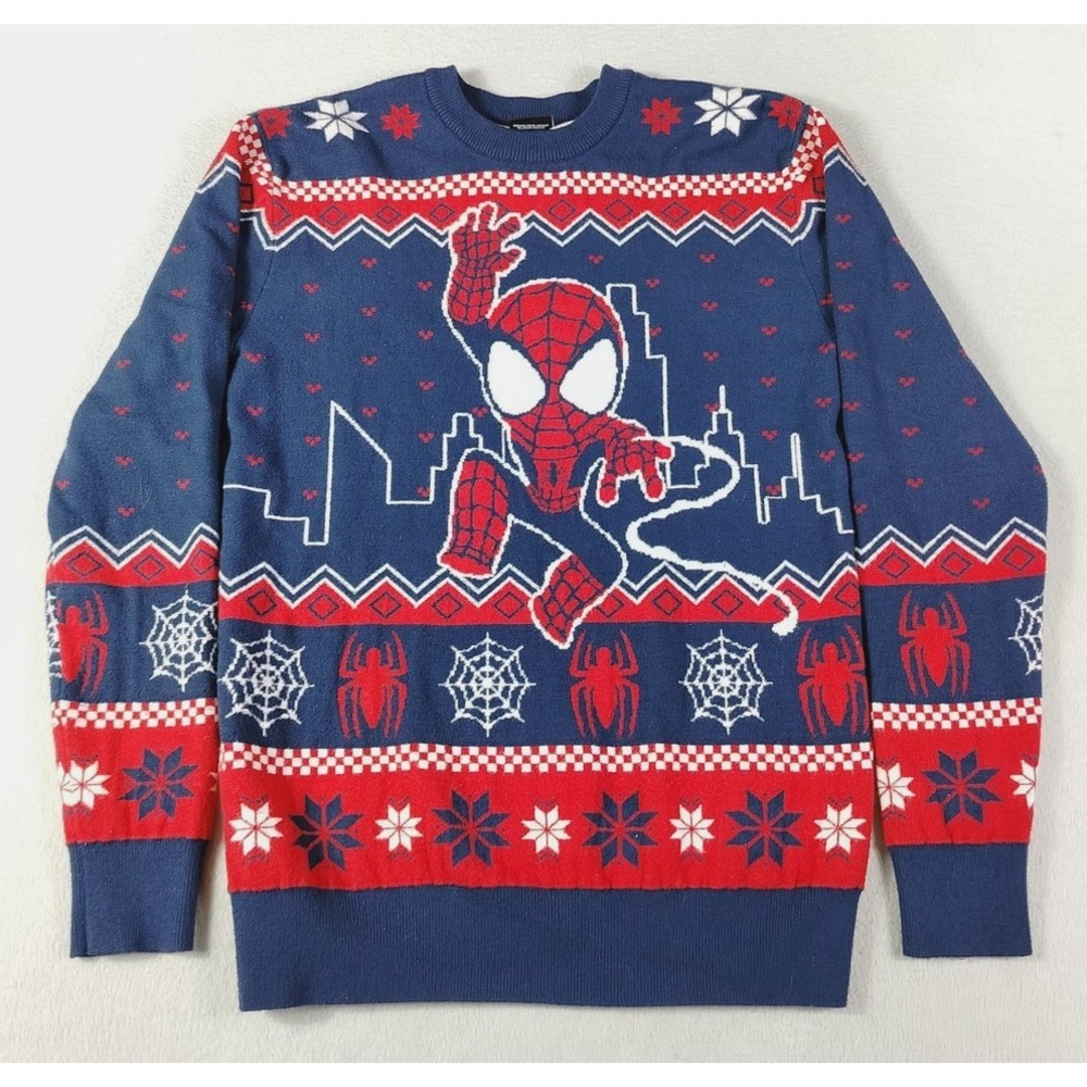 Marvel Sweater Mens XS Blue Red Spider Man Christmas Fair Isle Knit Ugly Holiday